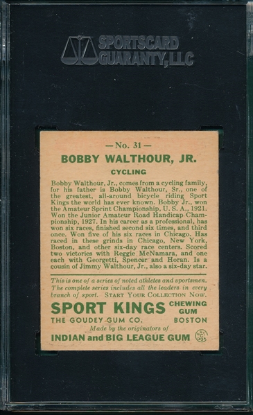 1933 Sports Kings #7 Bobby Walthour Jr. SGC 35