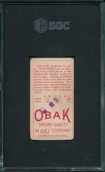 1911 T212-3 Miller, SF, Obak Cigarettes SGC 1.5