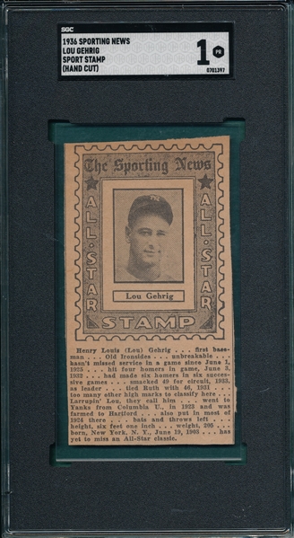 1936 Sporting News Sport Stamps Lou Gehrig SGC 1