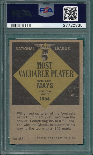 1961 Topps #482 Willie Mays, MVP, PSA 6