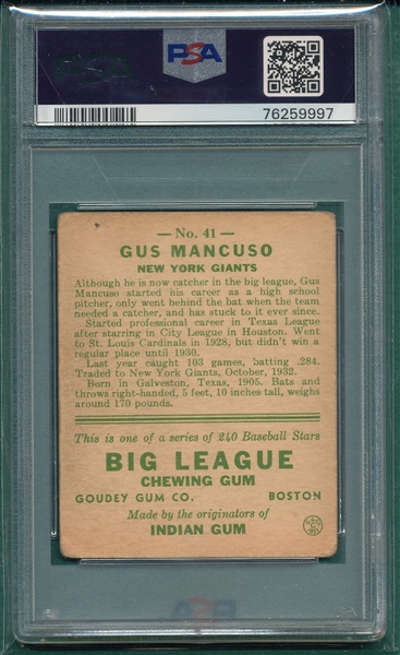 1933 Goudey #041 Gus Mancuso PSA 2