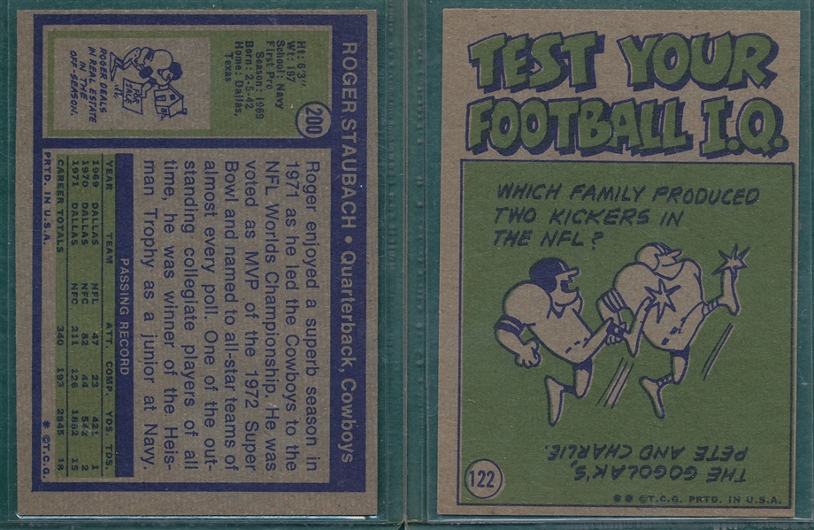 1972 Topps Football #122 & #200, Lot of (2) Roger Staubach Rookie Cards