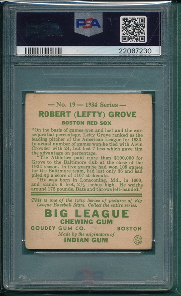 1934 Goudey #19 Lefty Grove PSA 3