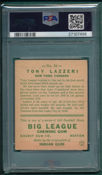 1933 Goudey #031 Tony Lazzeri PSA 4