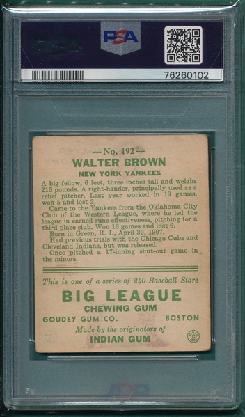 1933 Goudey #192 Walter Brown PSA 2