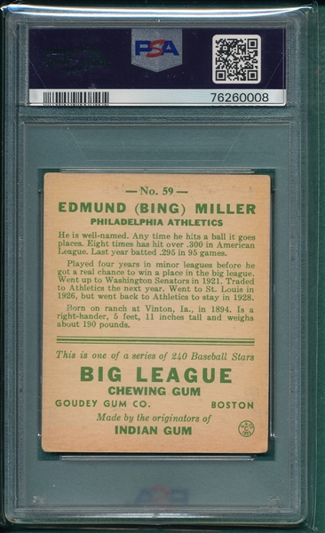 1933 Goudey #059 Bing Miller PSA 3