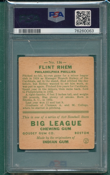 1933 Goudey #136 Flint Rhem PSA 2