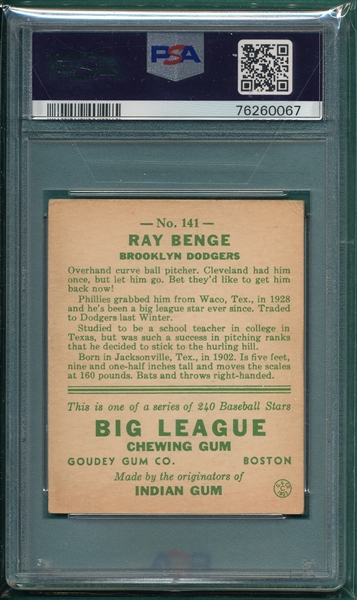 1933 Goudey #141 Ray Benge PSA 2