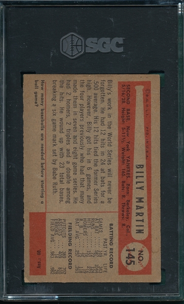 1954 Bowman #145 Billy Martin SGC 4  *.983/.982*