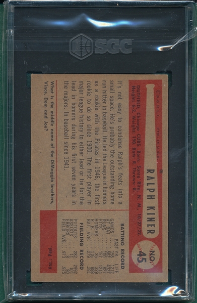 1954 Bowman #045 Ralph Kiner SGC 6