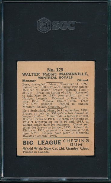 1936 World Wide Gum #129 Rabbit Maranville SGC 5.5