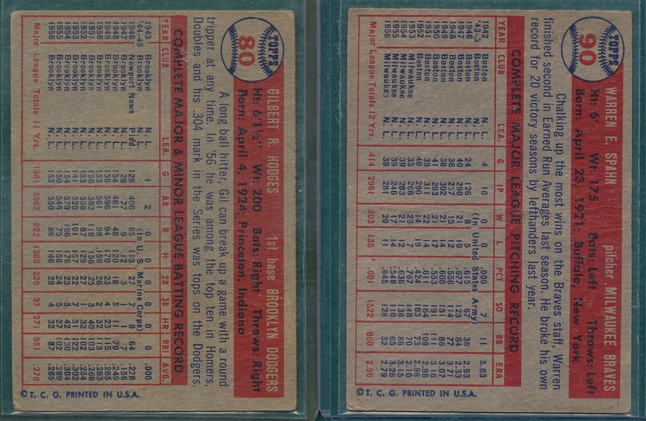 1957 Topps #80 Hodges & #90 Spahn, Lot of (2)