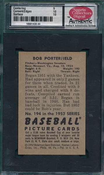 1952 Bowman #194 Bob Porterfield SCD 10