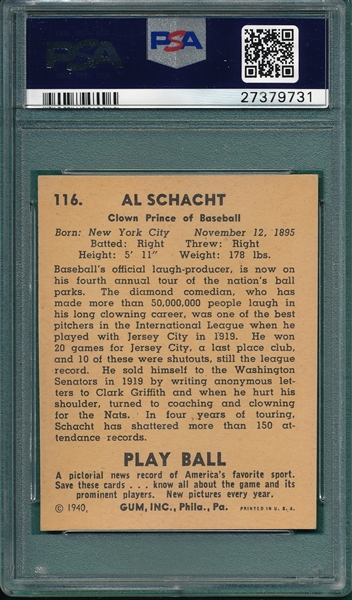 1940 Play Ball #116 Al Schacht PSA 6