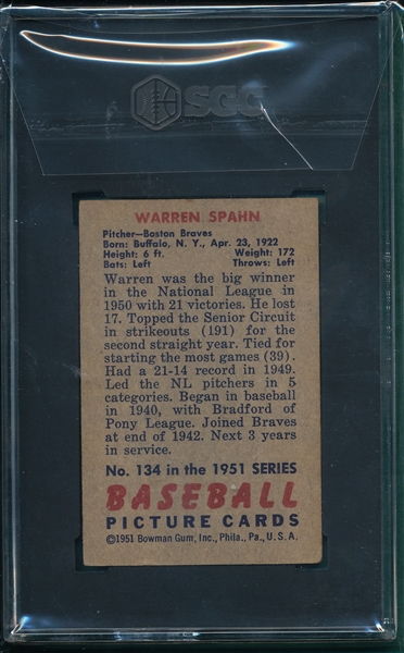 1951 Bowman #134 Warren Spahn SGC 4
