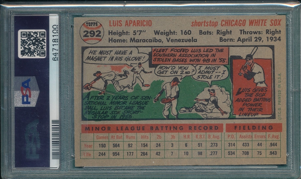 1956 Topps #292 Luis Aparicio PSA 8 *Rookie*