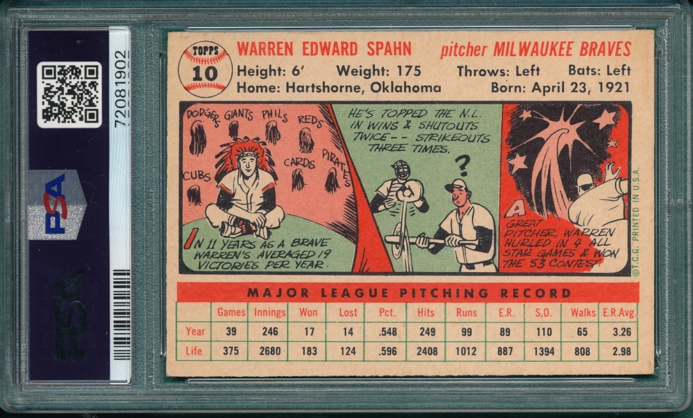 1956 Topps #10 Warren Spahn PSA 4 *White*