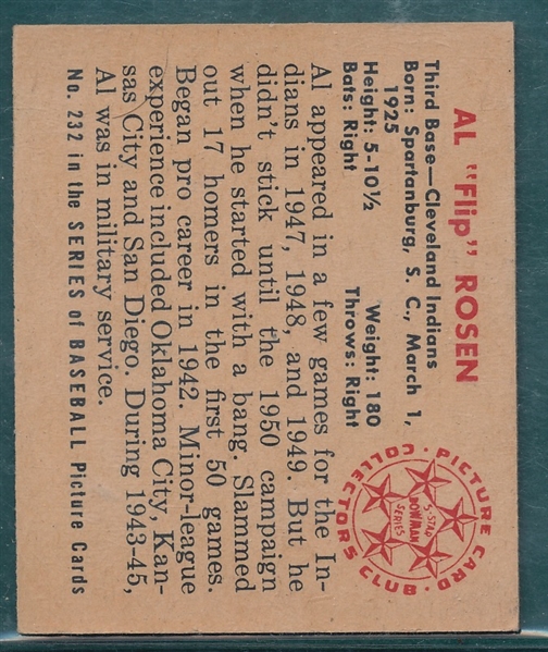 1950 Bowman #232 Al Rosen, Rookie *No Copyright*