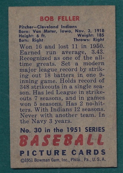 1951 Bowman #30 Bob Feller