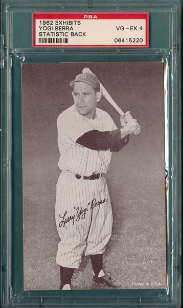 1962 Exhibits Stats Back, Yogi Berra, PSA 4