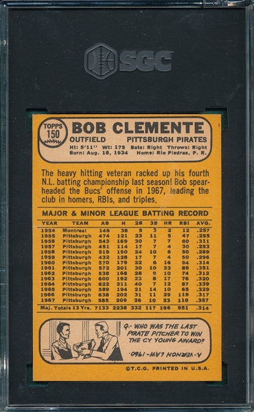 1968 Topps #150 Bob Clemente SGC 5
