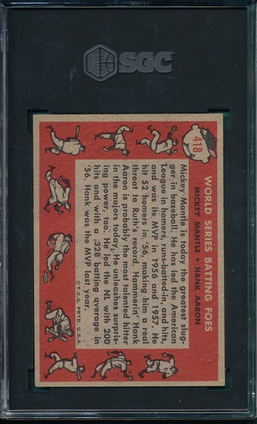 1958 Topps #418 World Series Batting Foes W/ Aaron & Mantle, SGC 5