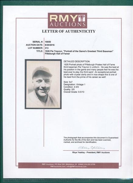 1926 Type 1 Photograph Pie Traynor, RMY Authentic