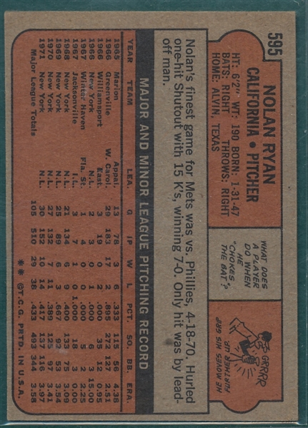 1972 Topps #595 Nolan Ryan